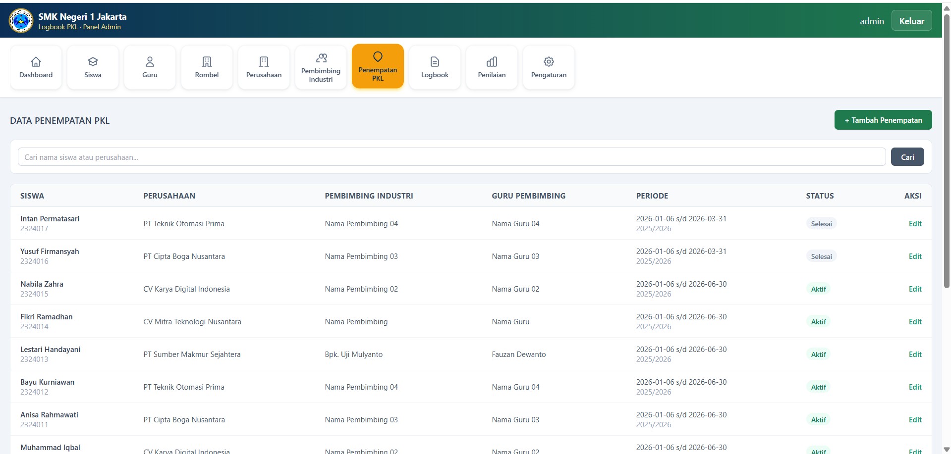   Website Sistem Logbook PKL Sekolah